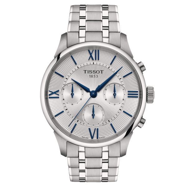 Montre Tissot T-Classic Chemin des Tourelles Chronographe automatique cadran argent bracelet acier 42 mm T139.462.11.038.00