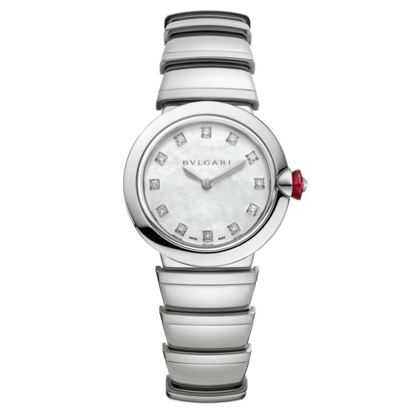 Bulgari Lvcea quartz watch diamond index white mother-of-pearl dial steel bracelet 28 mm 102196