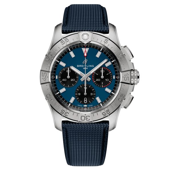 Breitling Avenger B01 Chronograph automatic watch blue dial black leather strap 42 mm AB0146101C1X1