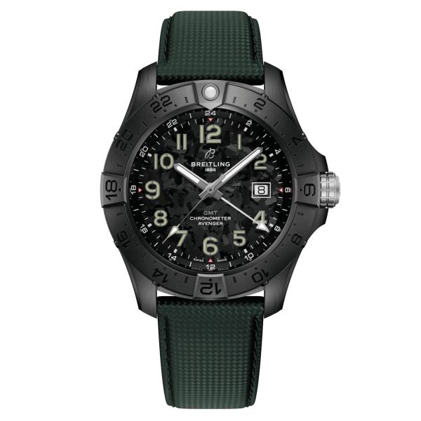 Breitling Avenger GMT Night Mission automatic watch carbon dial green leather strap 44 mm S32320101B1X1