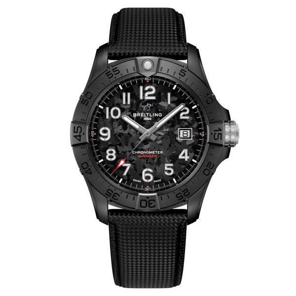 Breitling Avenger Night Mission automatic watch carbon dial anthracite leather strap 42 mm S17328101B1X1