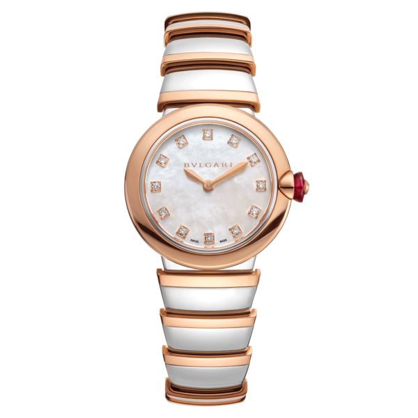 Bulgari Lvcea quartz watch diamond index white mother-of-pearl dial steel and rose gold bracelet 28 mm 102194