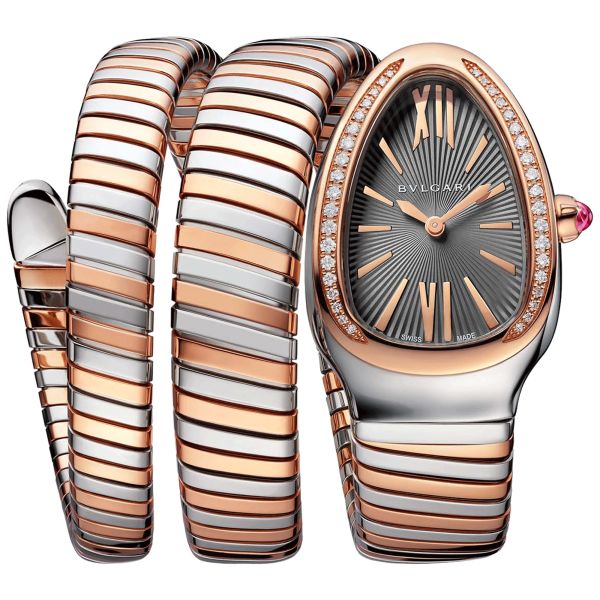 Bulgari Serpenti Tubogas M quartz watch bezel set grey dial stainless steel bracelet and rose gold double tour 35 mm 102680