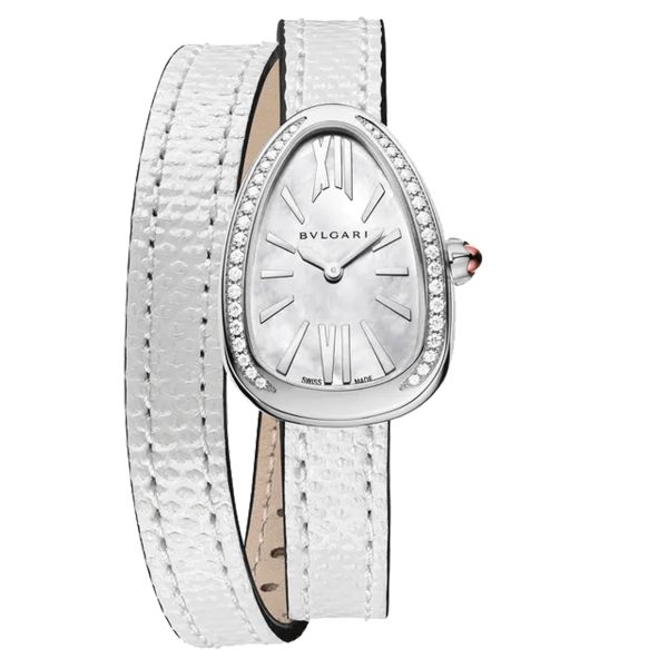 Montre Bulgari Serpenti quartz lunette sertie cadran nacre blanche bracelet cuir argent 27 mm 102781