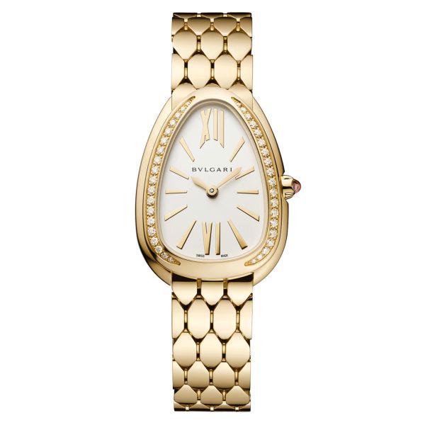 Bulgari Serpenti Seduttori quartz watch bezel set opaline white dial yellow gold bracelet 33 mm 103147