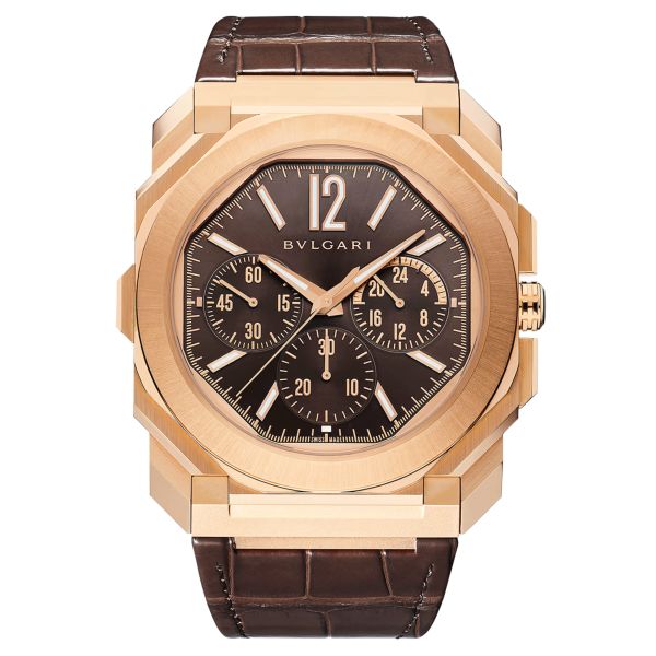 Bulgari Octo Finissimo Chronograph GMT Yellow gold automatic watch brown dial brown leather strap 43 mm 103468