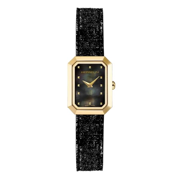 Herbelin Octogône Rectangle quartz PVD Yellow gold black mother-of-pearl dial leather strap 20,40 x 26,40 mm