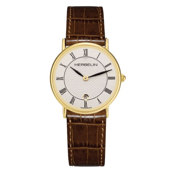 Herbelin Classique quartz PVD yellow gold white dial Roman numerals brown leather strap 26 mm