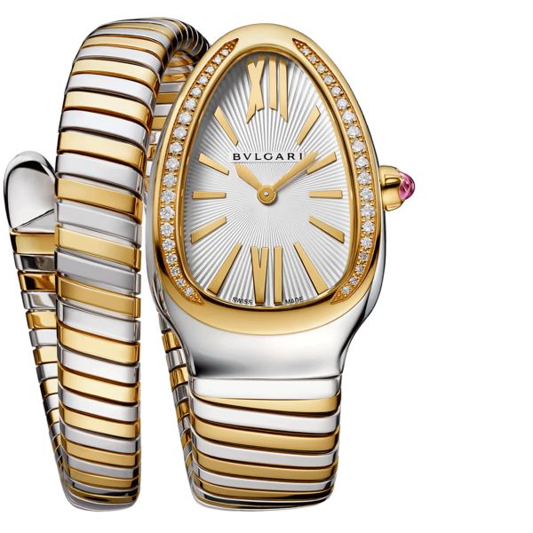 Bulgari Serpenti Tubogas quartz watch bezel set with opaline white dial steel and yellow gold bracelet 35 mm 103648