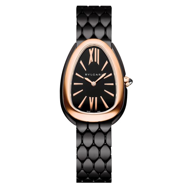 Bulgari Serpenti Seduttori quartz watch rose gold bezel black dial black DLC steel bracelet 33 mm 103704