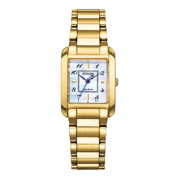 Montre Citizen Ladies Eco-Drive PVD Or jaune cadran nacre bracelet acier 21,5 x 28,4 mm