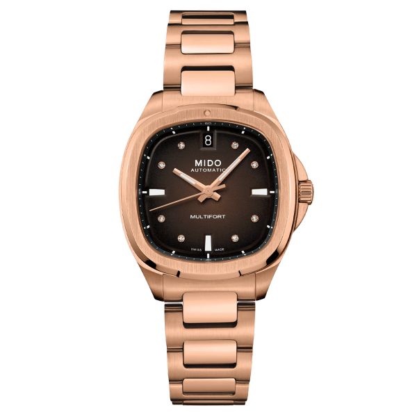 Mido Multifort TV automatic watch diamond index brown dial stainless steel bracelet pvd rose gold 35 mm M049.307.33.296.00