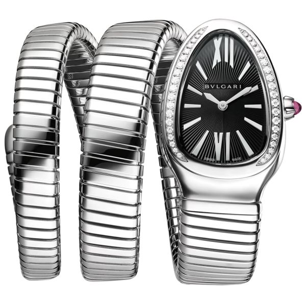 Bulgari Serpenti Tubogas L quartz watch bezel set black dial stainless steel bracelet double tour 35 mm 103818