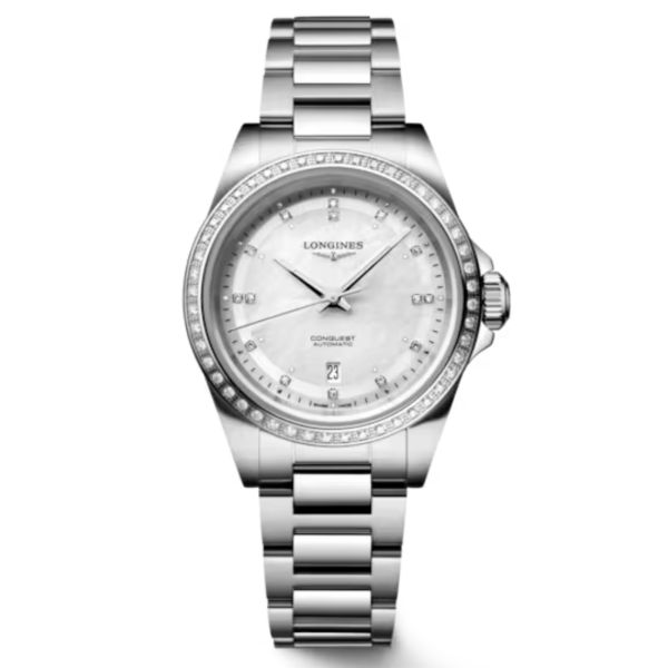 Longines Conquest automatic watch diamond markers bezel set white mother-of-pearl dial steel bracelet 30 mm