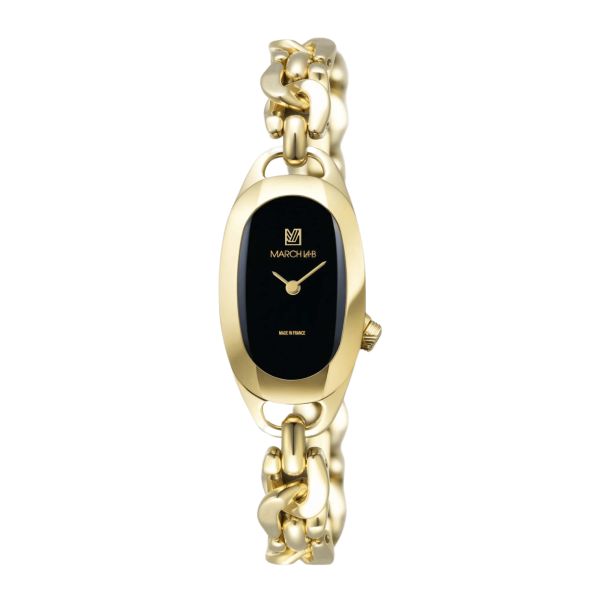 Montre March LA.B Oblongue Supreme quartz cadran noir bracelet acier gourmette gold 20 x 40 mm