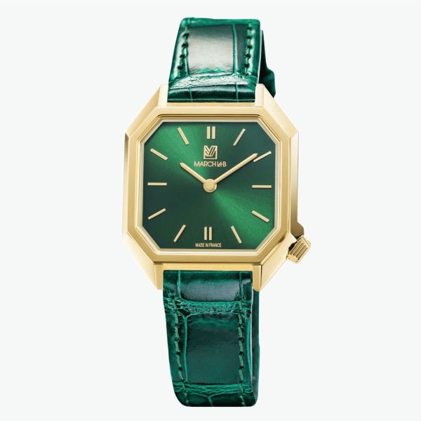 March LA.B Milady Mansart Electric Emerald quartz green alligator 28 mm