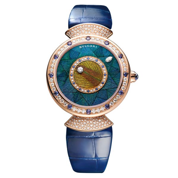 Bulgari Diva's Dream Rose Gold automatic watch blue dial blue leather strap 37 mm 103473