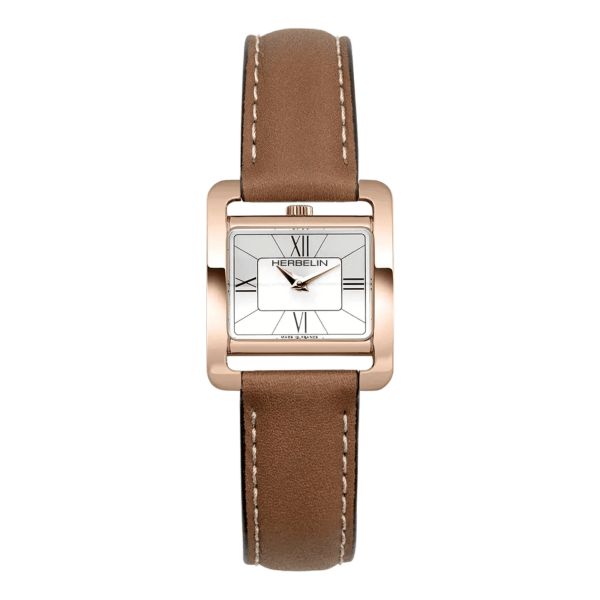 Herbelin V Avenue PVD Yellow gold quartz silver dial leather strap 25,5 x 19 mm