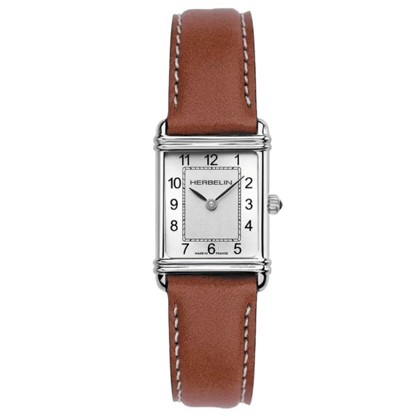 Herbelin Art Déco quartz silver dial brown leather strap 20,30 x 24,40 mm