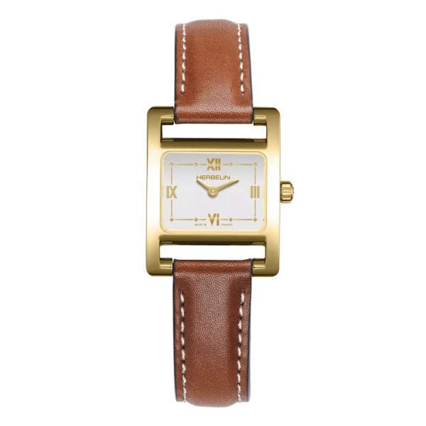 Herbelin V Avenue Gold quartz white lacquer dial leather strap 23,4 x 19 mm