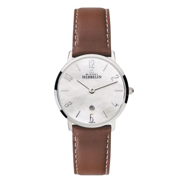 Montre Michel Herbelin City Lady quartz cadran nacre blanche bracelet cuir 30,5 mm