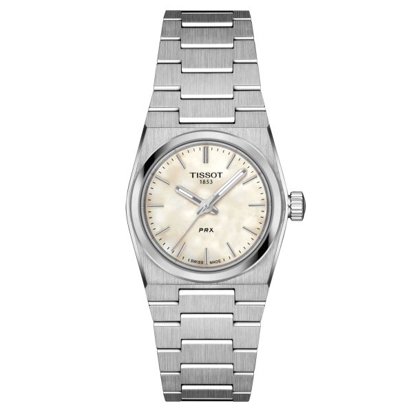 Tissot PRX quartz watch white mother-of-pearl dial steel bracelet 25 mm T137.010.11.111.00