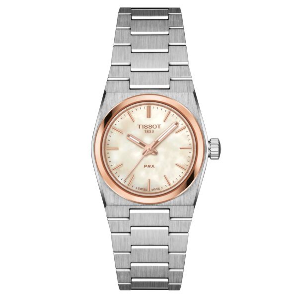 Tissot PRX PVD Rose Gold quartz watch white mother-of-pearl dial steel bracelet 25 mm T137.010.21.111.00