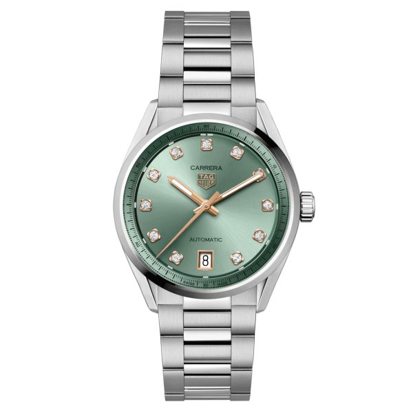 Montre TAG Heuer Carrera automatique index diamants or rose cadran vert bracelet acier 36 mm WBN2317.BA0001