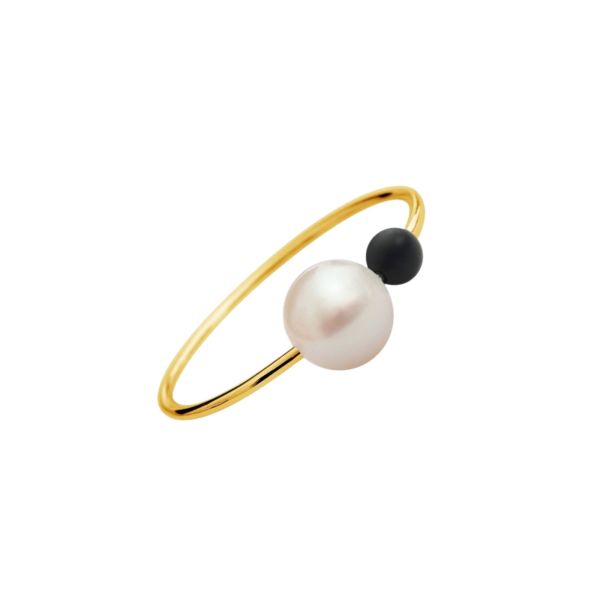 Bague Claverin Rosary en or jaune perles blanche et agate