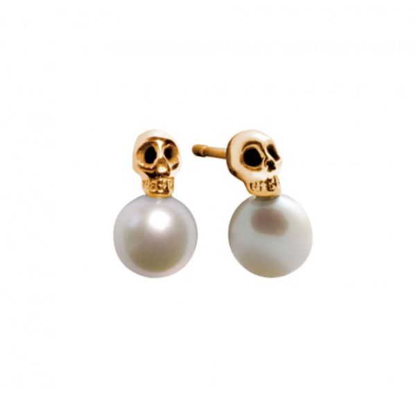 Claverin My Pearly Skull earrings in yellow gold, diamonds and white pearls