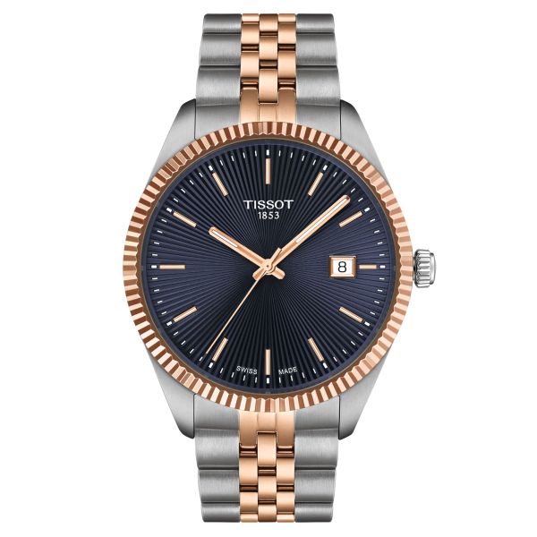 Tissot T-Classic Ballade quartz watch blue dial steel bracelet and rose gold pvd 40 mm T156.410.22.041.00