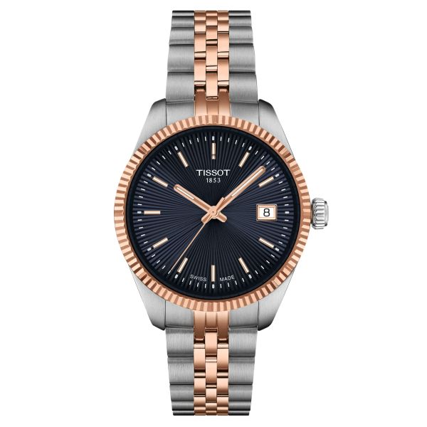 Montre Tissot T-Classic Ballade quartz cadran bleu bracelet acier et pvd or rose 34 mm T156.210.22.041.00