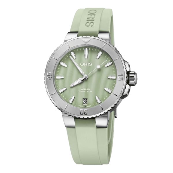 Montre Oris Plongée Aquis Date Calibre 733 automatique cadran nacre verte bracelet caoutchouc 36,5 mm