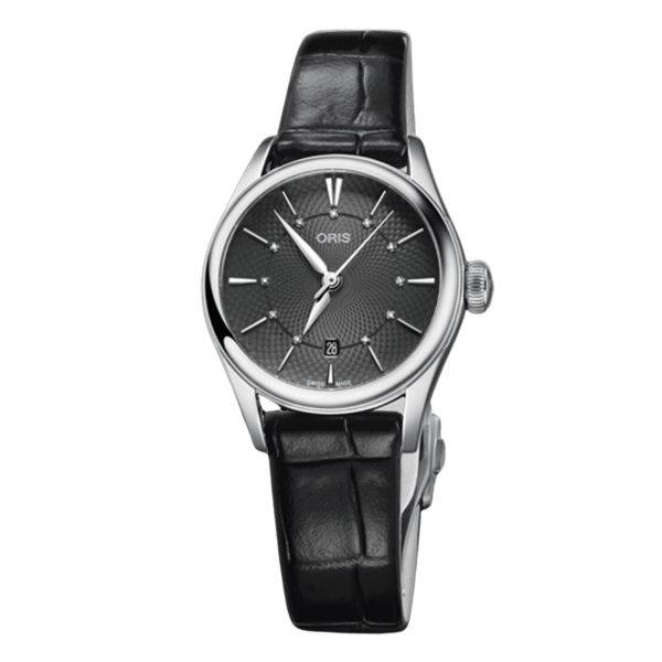 Oris Artelier Date Diamonds automatic anthracite dial leather strap 28 mm