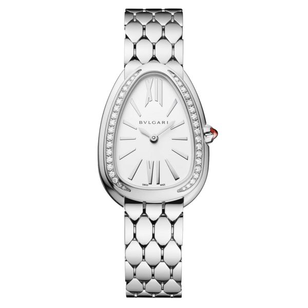 Bulgari Serpenti Seduttori quartz watch bezel set white dial steel bracelet 33 mm 103949