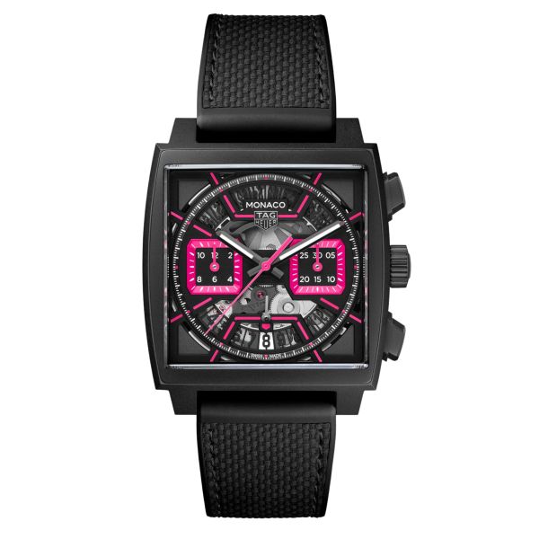 Montre TAG Heuer Monaco Skeleton Chronograph Pink automatique cadran squelette cuir et caoutchouc 39 mm