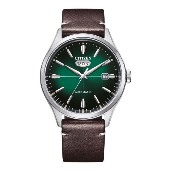 Citizen Crystal 7 Mechanical Day Date automatic green dial leather strap 40 mm