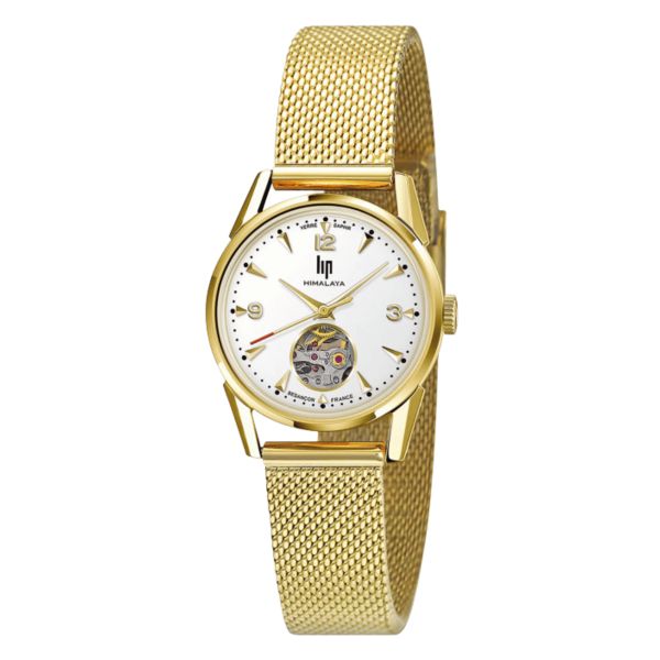 Montre Lip Himalaya Cœur Battant automatique PVD Or Jaune cadran blanc argenté bracelet milanais 29 mm