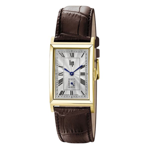 Lip Churchill T24 Small Seconds PVD Yellow Gold quartz silver dial brown leather strap 41,5 x 23,5 mm