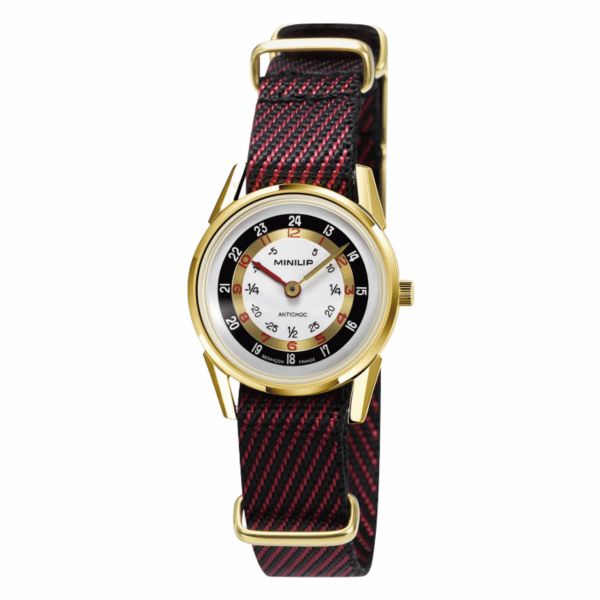 Montre Lip MiniLIP Dorée quartz cadran argenté bracelet tissu rouge 29 mm