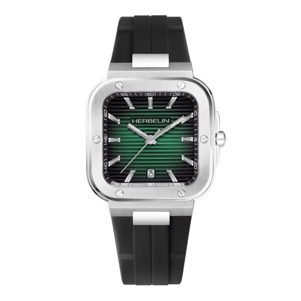 Herbelin Cap Camarat Square quartz green dial rubber strap 39 x 39 mm