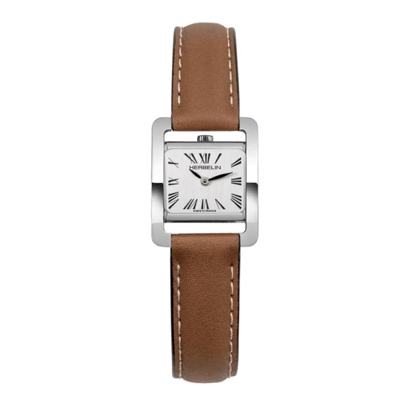 Herbelin V Avenue quartz silver dial brown leather strap 22,5 x 17mm