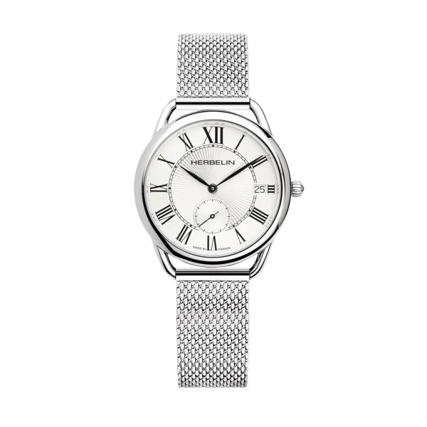 Herbelin Equinoxe quartz silver white dial steel bracelet Milanese mesh 34 mm