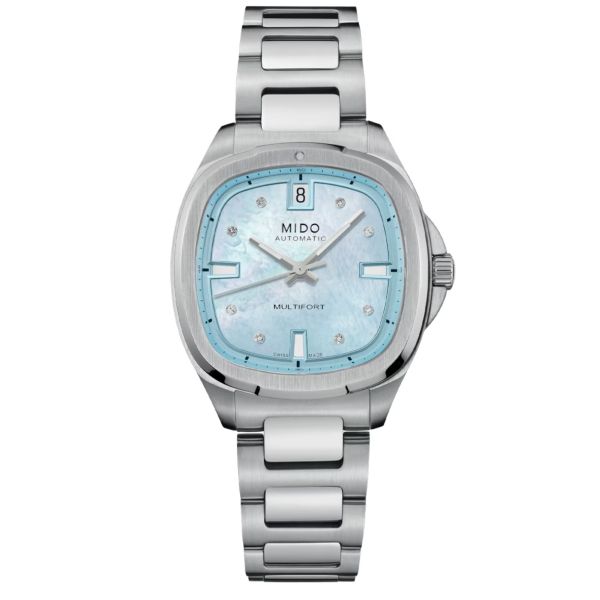 Montre Mido Multifort TV automatique index diamants cadran nacre bleu bracelet acier 35 mm