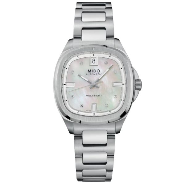 Mido Multifort TV automatic watch diamond index white mother-of-pearl dial stainless steel bracelet 35 mm