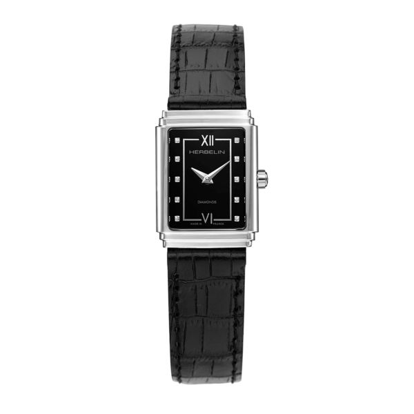 Herbelin Art Déco 1925 Steel & Diamonds quartz black dial black leather strap 29,5 x 22 mm