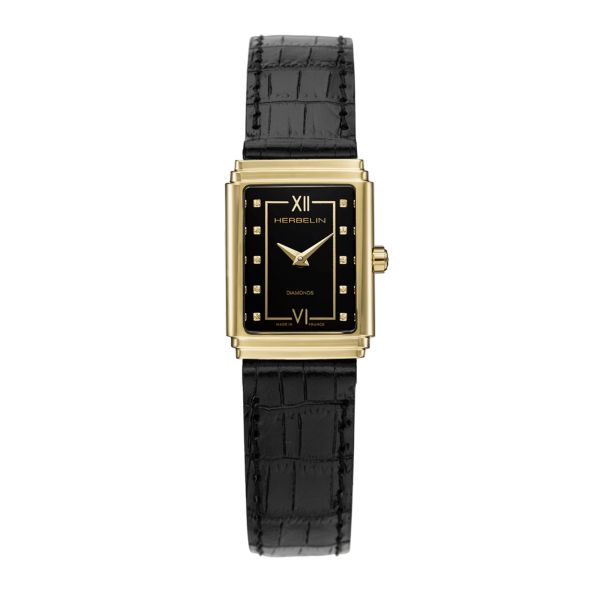 Montre Herbelin Art Déco 1925 Doré & Diamants quartz cadran noir bracelet cuir noir 29,5 x 22 mm