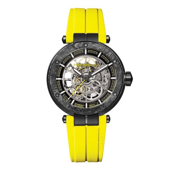 Herbelin Newport Carbon Titanium Skeleton automatic yellow FKM rubber strap 43 mm