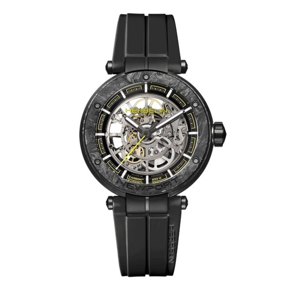 Herbelin Newport Carbon Titanium Skeleton automatic black FKM rubber strap 43 mm