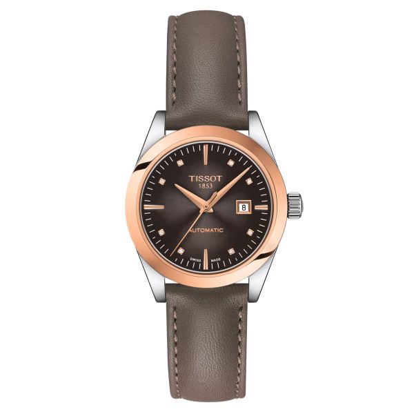 Tissot T-My Lady Rose Gold automatic watch brown dial grey leather strap 29 mm T930.007.46.296.00